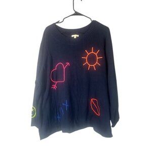 Lisa Todd Navy Blue Smiley Face Heart Cotton Pullover Knit Sweater Women Sz 3X